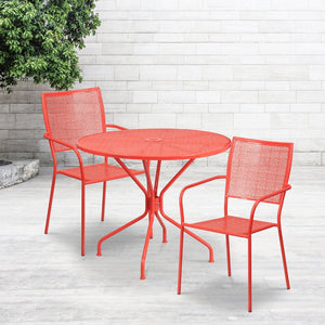 English Elm Oia Commercial-Grade Steel Patio Table Set with 2 Stackable Chairs for Indoor-Outdoor Dining Bliss Coral 35.25" Round CO-35RD-02CHR2-RED-GG