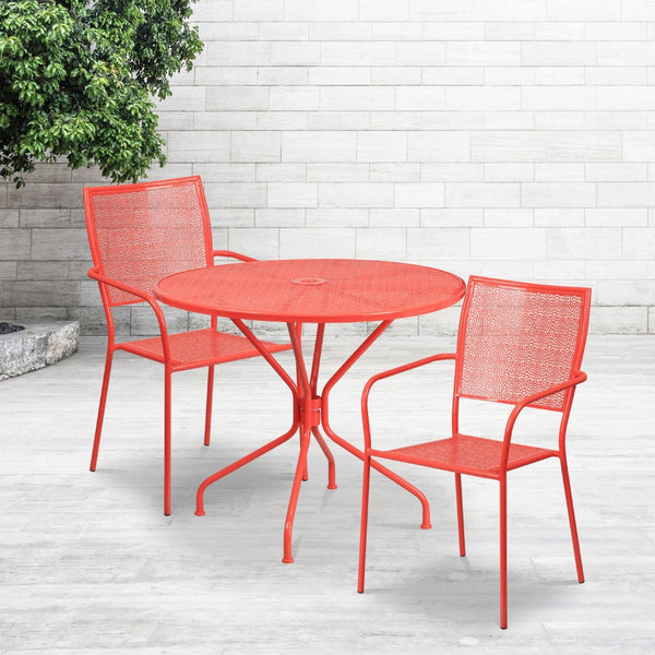 English Elm Oia Commercial-Grade Steel Patio Table Set with 2 Stackable Chairs for Indoor-Outdoor Dining Bliss Coral 35.25" Round CO-35RD-02CHR2-RED-GG