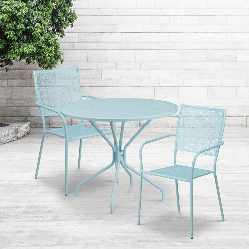 English Elm Oia Commercial-Grade Steel Patio Table Set with 2 Stackable Chairs for Indoor-Outdoor Dining Bliss Sky Blue 35.25" Round CO-35RD-02CHR2-SKY-GG