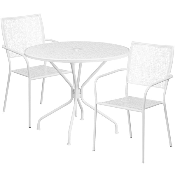 English Elm Oia Commercial-Grade Steel Patio Table Set with 2 Stackable Chairs for Indoor-Outdoor Dining Bliss White 35.25" Round CO-35RD-02CHR2-WH-GG