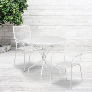 English Elm Oia Commercial-Grade Steel Patio Table Set with 2 Stackable Chairs for Indoor-Outdoor Dining Bliss White 35.25" Round CO-35RD-02CHR2-WH-GG