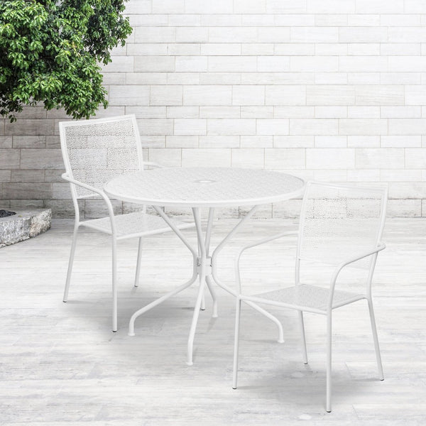 English Elm Oia Commercial-Grade Steel Patio Table Set with 2 Stackable Chairs for Indoor-Outdoor Dining Bliss White 35.25" Round CO-35RD-02CHR2-WH-GG