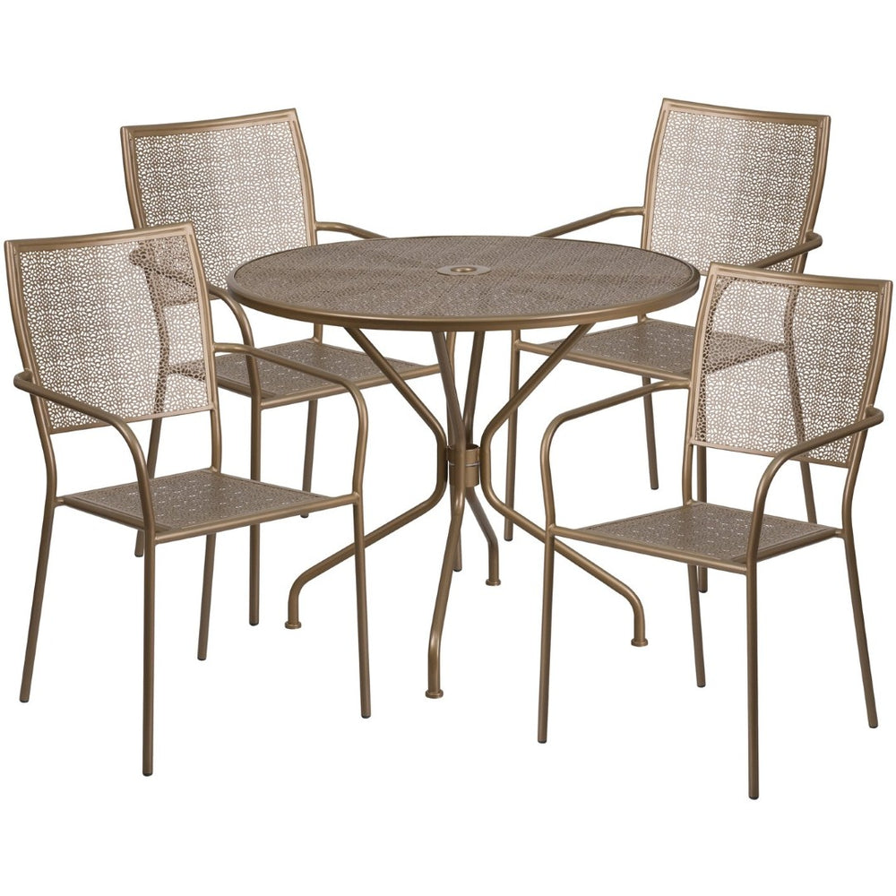 English Elm Oia Commercial-Grade Indoor-Outdoor Patio Dining Set with Round Table and 4 Stylish Stackable Chairs Gold 35.25" Round CO-35RD-02CHR4-GD-GG