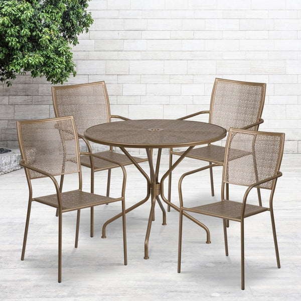 English Elm Oia Commercial-Grade Indoor-Outdoor Patio Dining Set with Round Table and 4 Stylish Stackable Chairs Gold 35.25" Round CO-35RD-02CHR4-GD-GG