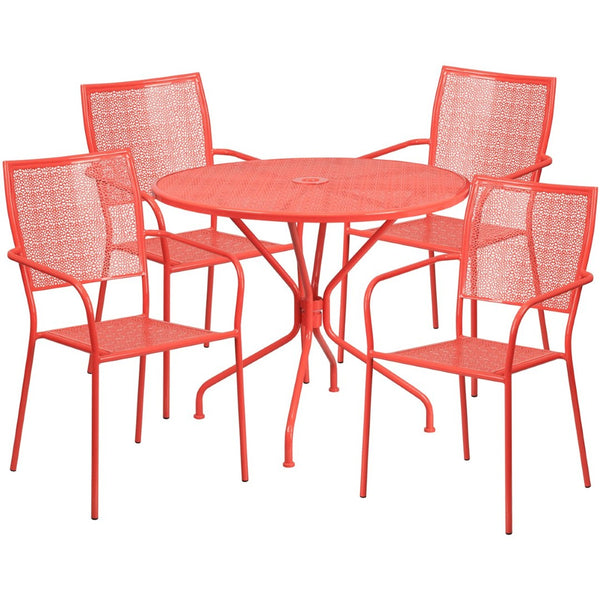 English Elm Oia Commercial-Grade Indoor-Outdoor Patio Dining Set with Round Table and 4 Stylish Stackable Chairs Coral 35.25" Round CO-35RD-02CHR4-RED-GG