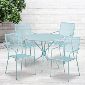 English Elm Oia Commercial-Grade Indoor-Outdoor Patio Dining Set with Round Table and 4 Stylish Stackable Chairs Sky Blue 35.25" Round CO-35RD-02CHR4-SKY-GG