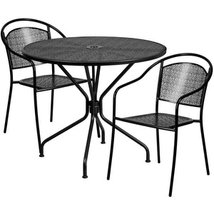 English Elm Oia Commercial-Grade Steel Bistro Table Set with 2 Stackable Chairs for Indoor-Outdoor Use Black 35.25" Round CO-35RD-03CHR2-BK-GG