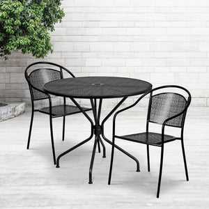 English Elm Oia Commercial-Grade Steel Bistro Table Set with 2 Stackable Chairs for Indoor-Outdoor Use Black 35.25" Round CO-35RD-03CHR2-BK-GG