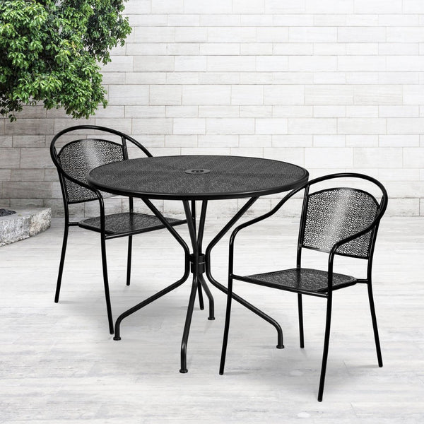 English Elm Oia Commercial-Grade Steel Bistro Table Set with 2 Stackable Chairs for Indoor-Outdoor Use Black 35.25" Round CO-35RD-03CHR2-BK-GG