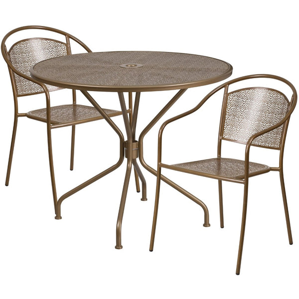 English Elm Oia Commercial-Grade Steel Bistro Table Set with 2 Stackable Chairs for Indoor-Outdoor Use Gold 35.25" Round CO-35RD-03CHR2-GD-GG