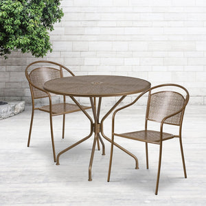 English Elm Oia Commercial-Grade Steel Bistro Table Set with 2 Stackable Chairs for Indoor-Outdoor Use Gold 35.25" Round CO-35RD-03CHR2-GD-GG
