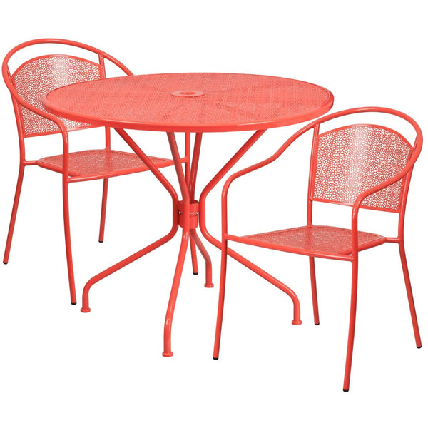English Elm Oia Commercial-Grade Steel Bistro Table Set with 2 Stackable Chairs for Indoor-Outdoor Use Coral 35.25" Round CO-35RD-03CHR2-RED-GG