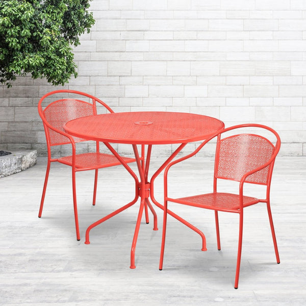 English Elm Oia Commercial-Grade Steel Bistro Table Set with 2 Stackable Chairs for Indoor-Outdoor Use Coral 35.25" Round CO-35RD-03CHR2-RED-GG
