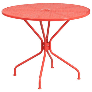 English Elm Oia Commercial-Grade Steel Bistro Table Set with 2 Stackable Chairs for Indoor-Outdoor Use Coral 35.25" Round CO-35RD-03CHR2-RED-GG
