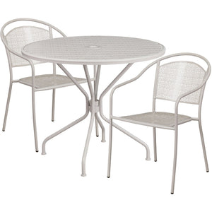 English Elm Oia Commercial-Grade Steel Bistro Table Set with 2 Stackable Chairs for Indoor-Outdoor Use Light Gray 35.25" Round CO-35RD-03CHR2-SIL-GG