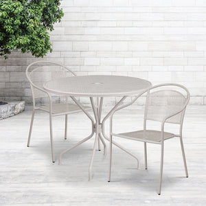 English Elm Oia Commercial-Grade Steel Bistro Table Set with 2 Stackable Chairs for Indoor-Outdoor Use Light Gray 35.25" Round CO-35RD-03CHR2-SIL-GG