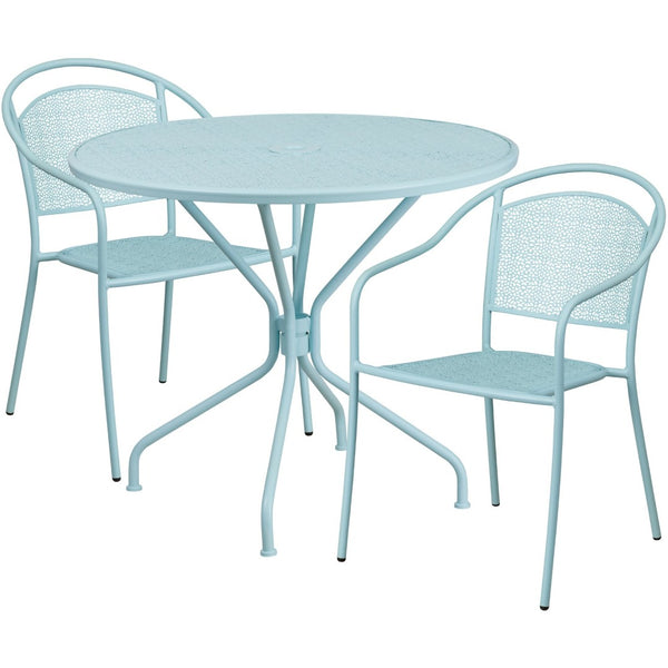 English Elm Oia Commercial-Grade Steel Bistro Table Set with 2 Stackable Chairs for Indoor-Outdoor Use Sky Blue 35.25" Round CO-35RD-03CHR2-SKY-GG