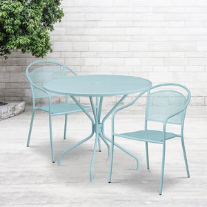 English Elm Oia Commercial-Grade Steel Bistro Table Set with 2 Stackable Chairs for Indoor-Outdoor Use Sky Blue 35.25" Round CO-35RD-03CHR2-SKY-GG