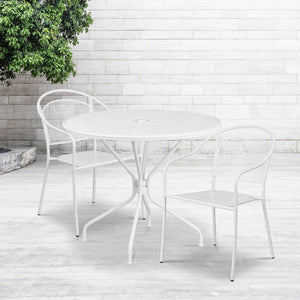 English Elm Oia Commercial-Grade Steel Bistro Table Set with 2 Stackable Chairs for Indoor-Outdoor Use White 35.25" Round CO-35RD-03CHR2-WH-GG