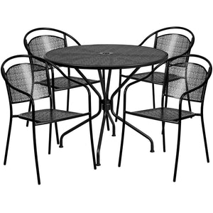 English Elm Oia Commercial-Grade Steel Patio Table Set with 4 Stackable Chairs for Indoor and Outdoor Use Black 35.25" Round CO-35RD-03CHR4-BK-GG