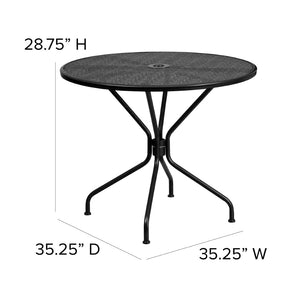 English Elm Oia Commercial-Grade Steel Patio Table Set with 4 Stackable Chairs for Indoor and Outdoor Use Black 35.25" Round CO-35RD-03CHR4-BK-GG