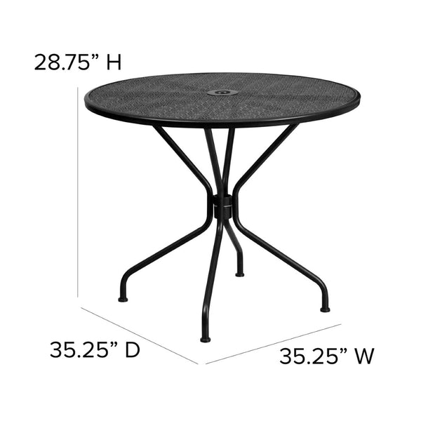 English Elm Oia Commercial-Grade Steel Patio Table Set with 4 Stackable Chairs for Indoor and Outdoor Use Black 35.25" Round CO-35RD-03CHR4-BK-GG