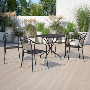 English Elm Oia Commercial-Grade Steel Patio Table Set with 4 Stackable Chairs for Indoor and Outdoor Use Black 35.25" Round CO-35RD-03CHR4-BK-GG