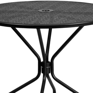 English Elm Oia Commercial-Grade Steel Patio Table Set with 4 Stackable Chairs for Indoor and Outdoor Use Black 35.25" Round CO-35RD-03CHR4-BK-GG