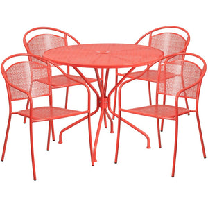English Elm Oia Commercial-Grade Steel Patio Table Set with 4 Stackable Chairs for Indoor and Outdoor Use Coral 35.25" Round CO-35RD-03CHR4-RED-GG