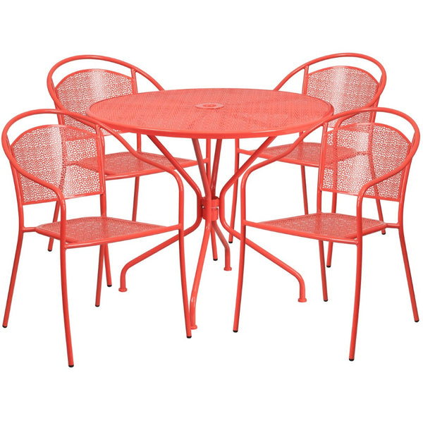 English Elm Oia Commercial-Grade Steel Patio Table Set with 4 Stackable Chairs for Indoor and Outdoor Use Coral 35.25" Round CO-35RD-03CHR4-RED-GG