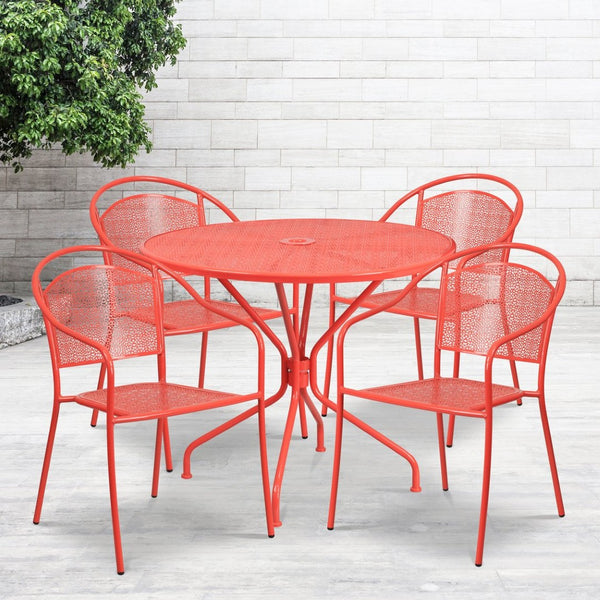 English Elm Oia Commercial-Grade Steel Patio Table Set with 4 Stackable Chairs for Indoor and Outdoor Use Coral 35.25" Round CO-35RD-03CHR4-RED-GG