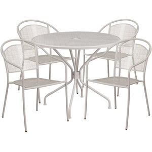 English Elm Oia Commercial-Grade Steel Patio Table Set with 4 Stackable Chairs for Indoor and Outdoor Use Light Gray 35.25" Round CO-35RD-03CHR4-SIL-GG