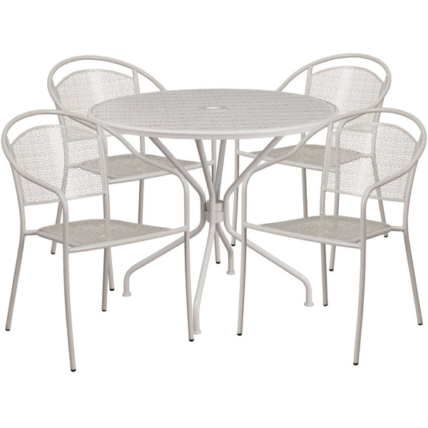 English Elm Oia Commercial-Grade Steel Patio Table Set with 4 Stackable Chairs for Indoor and Outdoor Use Light Gray 35.25" Round CO-35RD-03CHR4-SIL-GG