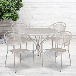 English Elm Oia Commercial-Grade Steel Patio Table Set with 4 Stackable Chairs for Indoor and Outdoor Use Light Gray 35.25" Round CO-35RD-03CHR4-SIL-GG