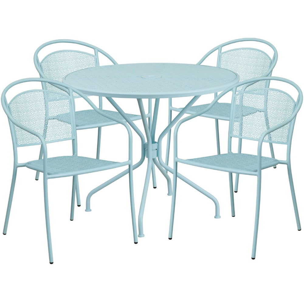 English Elm Oia Commercial-Grade Steel Patio Table Set with 4 Stackable Chairs for Indoor and Outdoor Use Sky Blue 35.25" Round CO-35RD-03CHR4-SKY-GG