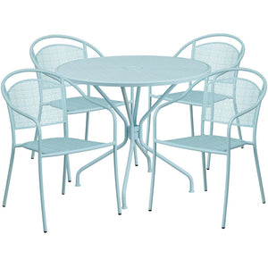English Elm Oia Commercial-Grade Steel Patio Table Set with 4 Stackable Chairs for Indoor and Outdoor Use Sky Blue 35.25" Round CO-35RD-03CHR4-SKY-GG