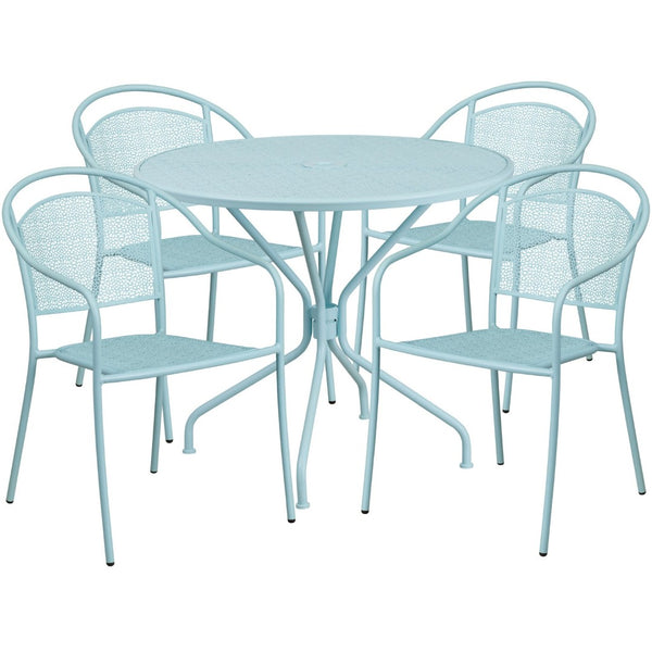 English Elm Oia Commercial-Grade Steel Patio Table Set with 4 Stackable Chairs for Indoor and Outdoor Use Sky Blue 35.25" Round CO-35RD-03CHR4-SKY-GG