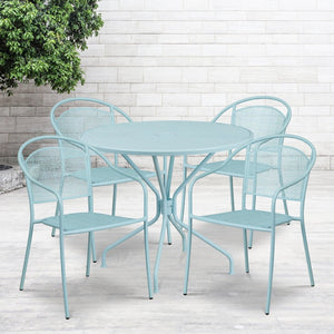 English Elm Oia Commercial-Grade Steel Patio Table Set with 4 Stackable Chairs for Indoor and Outdoor Use Sky Blue 35.25" Round CO-35RD-03CHR4-SKY-GG