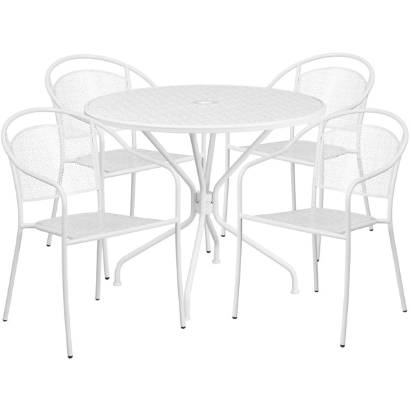 English Elm Oia Commercial-Grade Steel Patio Table Set with 4 Stackable Chairs for Indoor and Outdoor Use White 35.25" Round CO-35RD-03CHR4-WH-GG