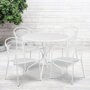 English Elm Oia Commercial-Grade Steel Patio Table Set with 4 Stackable Chairs for Indoor and Outdoor Use White 35.25" Round CO-35RD-03CHR4-WH-GG