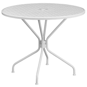 English Elm Oia Commercial-Grade Steel Patio Table Set with 4 Stackable Chairs for Indoor and Outdoor Use White 35.25" Round CO-35RD-03CHR4-WH-GG