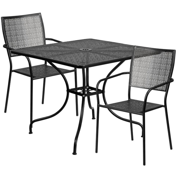 English Elm Oia Commercial-Grade Steel Bistro Table Set with Umbrella Hole and Stackable Chairs for Dining Spaces Black 35.5" Square CO-35SQ-02CHR2-BK-GG