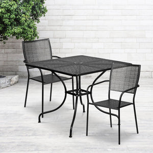 English Elm Oia Commercial-Grade Steel Bistro Table Set with Umbrella Hole and Stackable Chairs for Dining Spaces Black 35.5" Square CO-35SQ-02CHR2-BK-GG