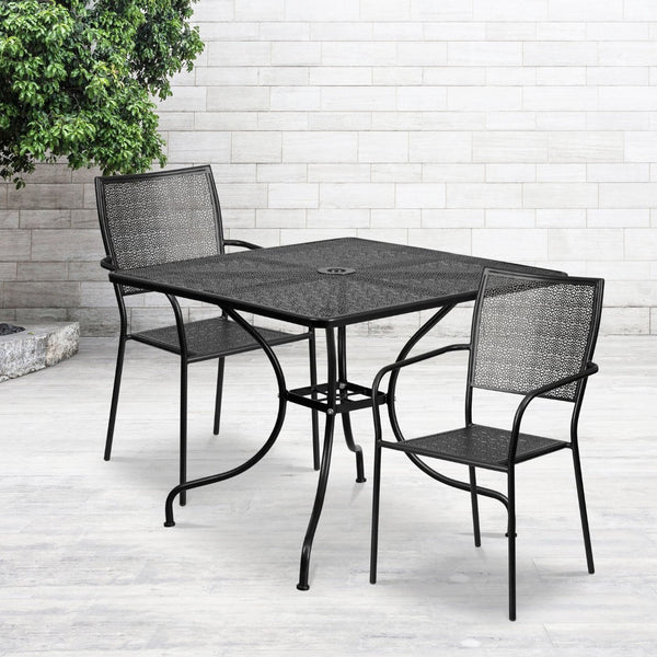 English Elm Oia Commercial-Grade Steel Bistro Table Set with Umbrella Hole and Stackable Chairs for Dining Spaces Black 35.5" Square CO-35SQ-02CHR2-BK-GG