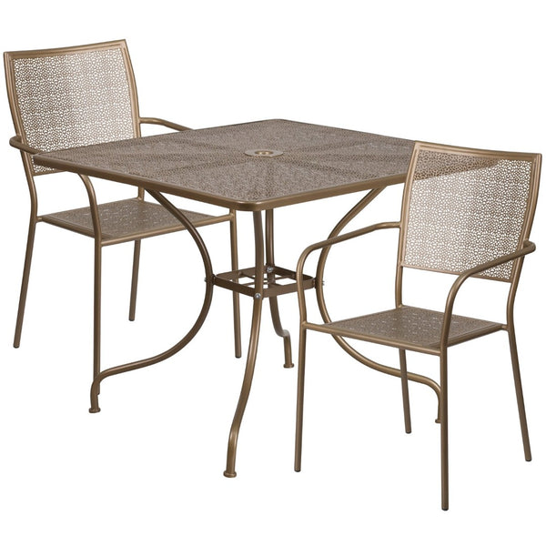 English Elm Oia Commercial-Grade Steel Bistro Table Set with Umbrella Hole and Stackable Chairs for Dining Spaces Gold 35.5" Square CO-35SQ-02CHR2-GD-GG