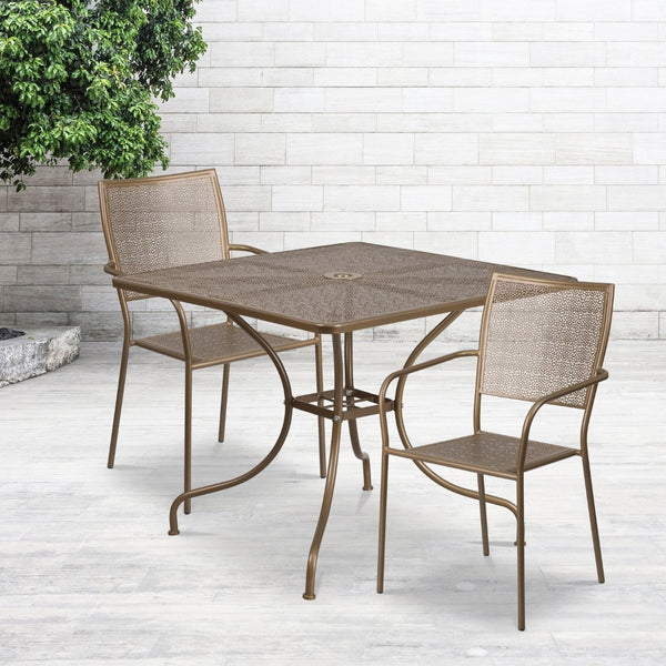English Elm Oia Commercial-Grade Steel Bistro Table Set with Umbrella Hole and Stackable Chairs for Dining Spaces Gold 35.5" Square CO-35SQ-02CHR2-GD-GG