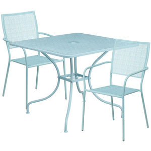 English Elm Oia Commercial-Grade Steel Bistro Table Set with Umbrella Hole and Stackable Chairs for Dining Spaces Sky Blue 35.5" Square CO-35SQ-02CHR2-SKY-GG