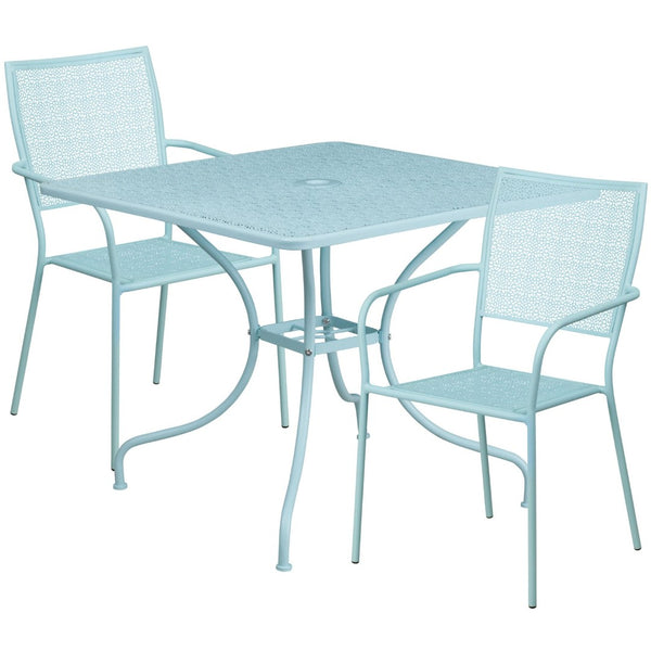 English Elm Oia Commercial-Grade Steel Bistro Table Set with Umbrella Hole and Stackable Chairs for Dining Spaces Sky Blue 35.5" Square CO-35SQ-02CHR2-SKY-GG