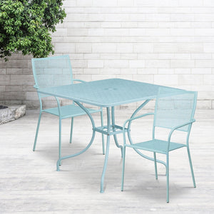 English Elm Oia Commercial-Grade Steel Bistro Table Set with Umbrella Hole and Stackable Chairs for Dining Spaces Sky Blue 35.5" Square CO-35SQ-02CHR2-SKY-GG