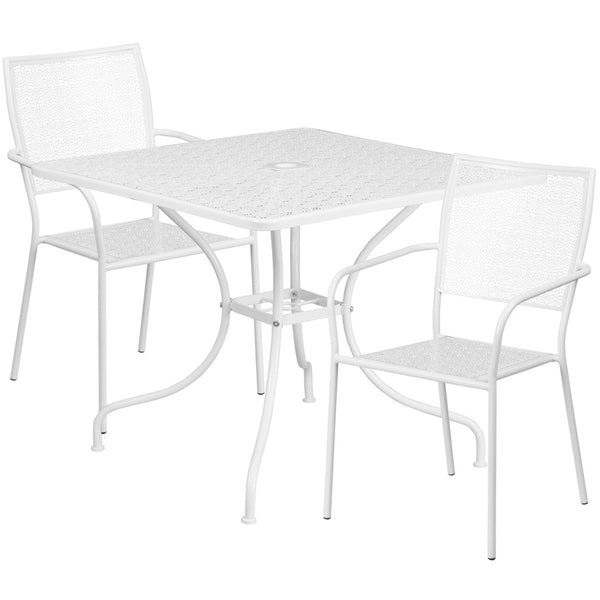 English Elm Oia Commercial-Grade Steel Bistro Table Set with Umbrella Hole and Stackable Chairs for Dining Spaces White 35.5" Square CO-35SQ-02CHR2-WH-GG